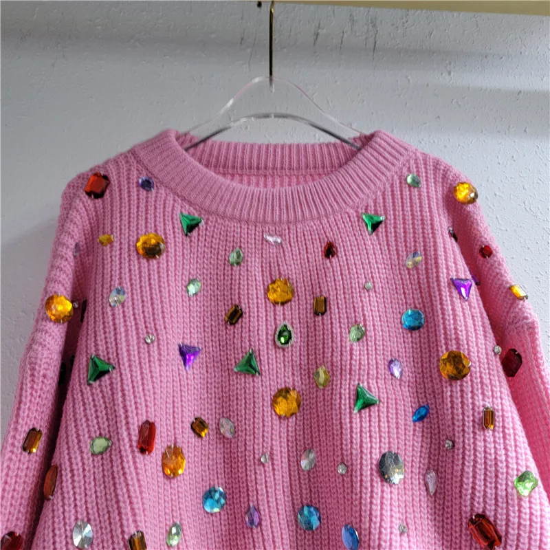 Spring Autumn Rainbow Diamonds Beaded Pullovers Crystal Knitted Sweater Rhinestones Knitwear Gemstones High Waist Jumpers Jersey