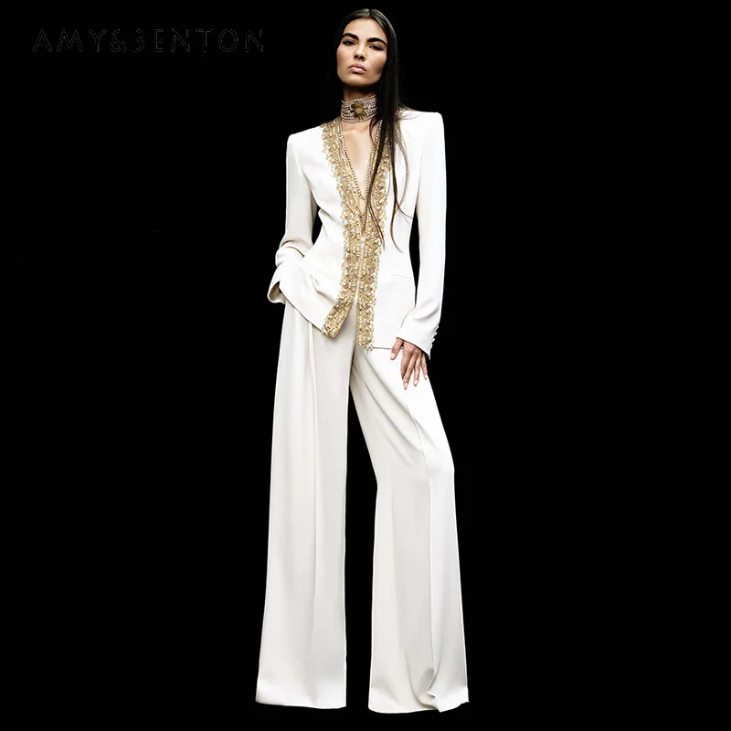

Pants Set 2026 New European American Fashion Heavy Industry Embroidery Sequined Beaded Jacket Trousers Two-piece Sets Ladies