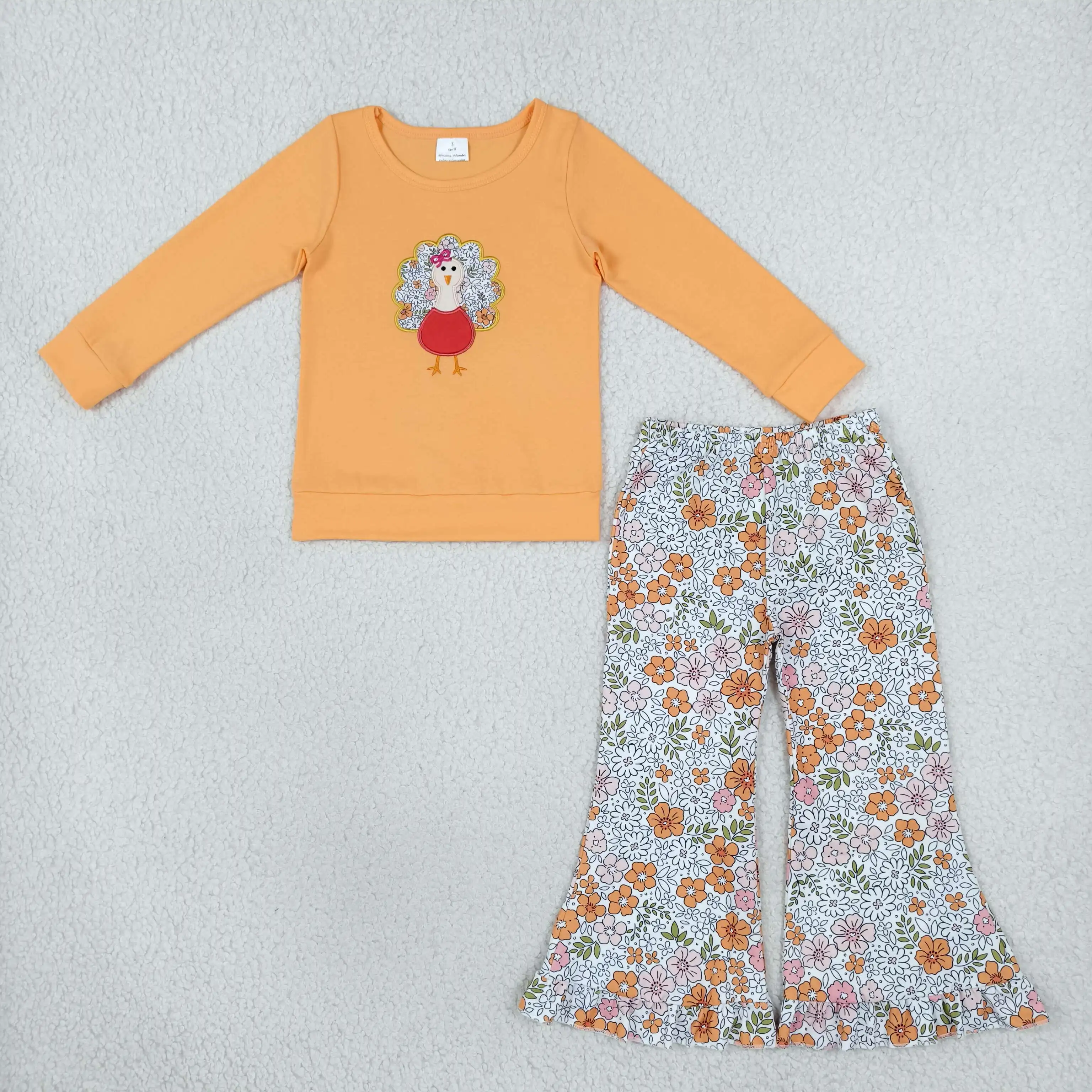 Wholesale Children Embroidery turkey Orange Shirt Flower Pants Fall Outfit Baby Girl Clothes Toddler Kids Thanksgiving Set