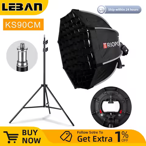 TRIOPO 90cm Foldable Octagon Softbox Bracket Mount Softbox Handle + 2m Light Stand + Honeycomb Grid for Godox Speedlite Flash