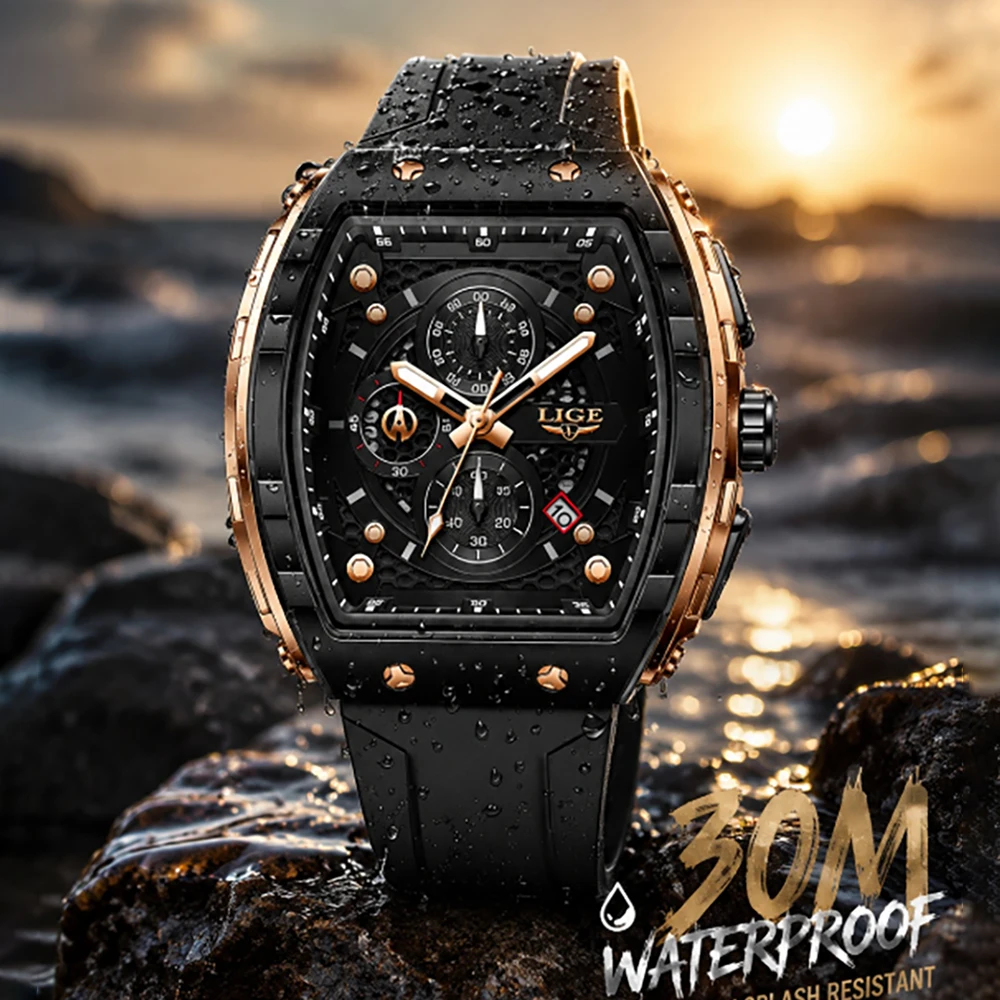 

LIGE Men Watches Top Brand Luxury Square Silicone Watch For Men Fashion Military Quartz Waterproof Chronograph Relogio Masculino