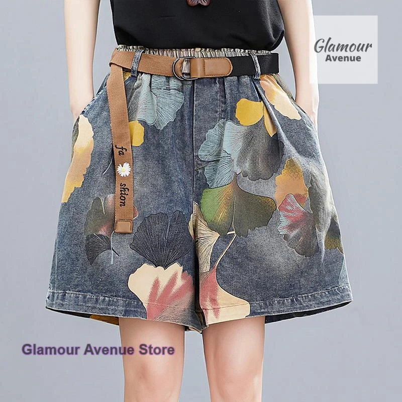 

Summer plus size pants female Korean version of retro print literary thin jeans elastic waist casual slim wide leg short pants.