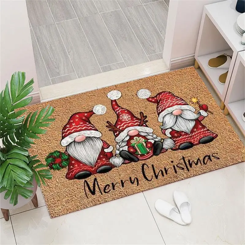 VIKAMA Merry Christmas Gnome Door Mat Rustic Knit Hat Tomte Welcome Rug Pine Branch Entryway Floor Mat Non Slip Decor