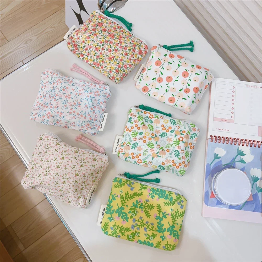 Fresh Pink Floral Cotton Cosmetic Bag Cute Mini Makeup Case for Lipstick Coin Purse card case and Earphone Storage