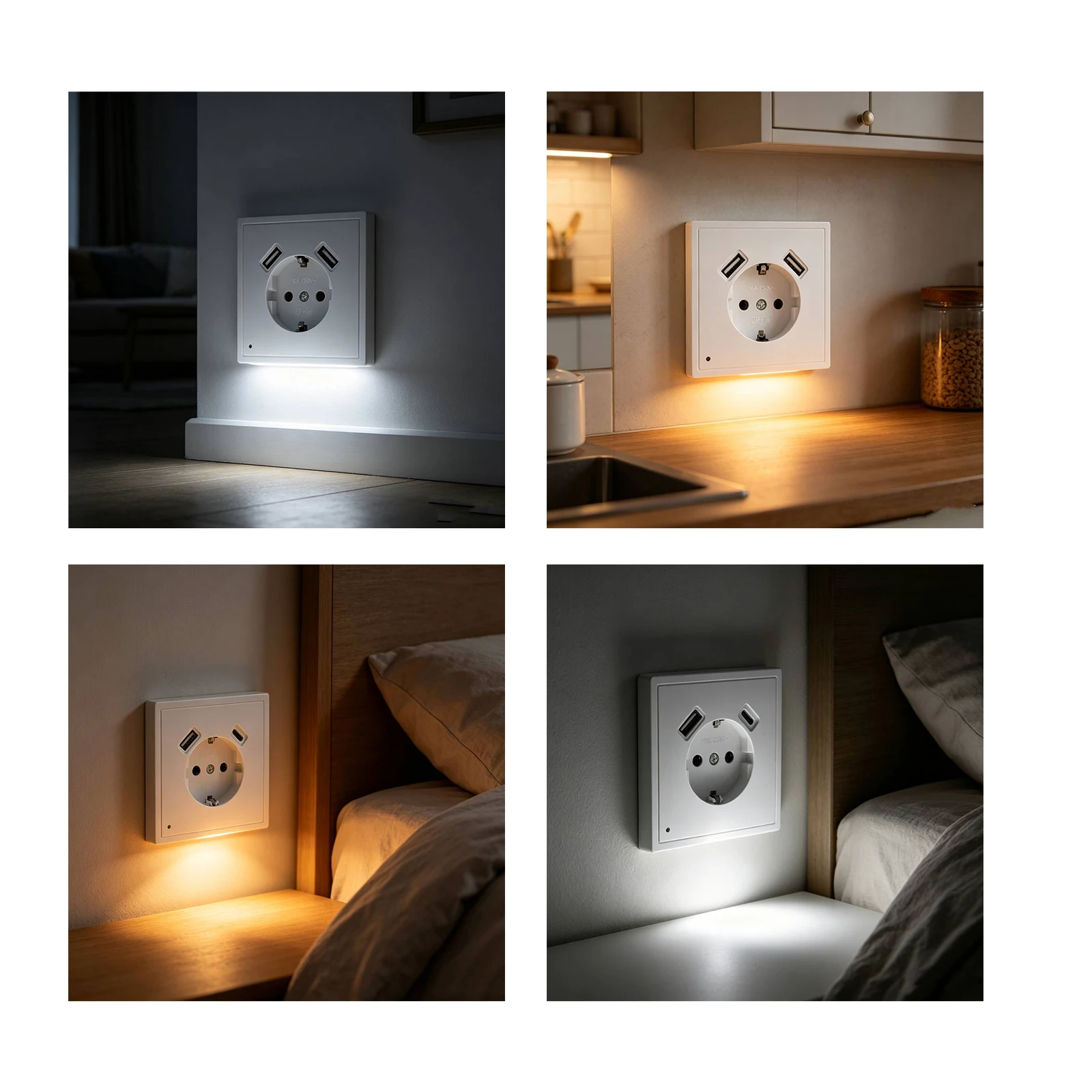 EU Wall Socket with 2 USB Ports 5V 2A, LED Night Light with Light Sensor, Schuko Power Outlet