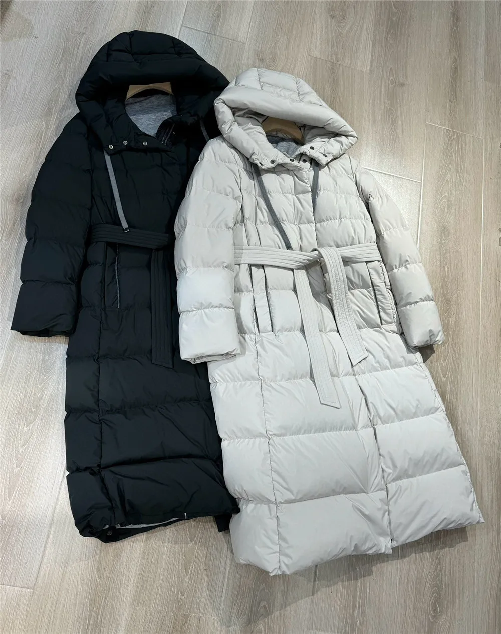 High Quality Hooded White Goose Down Jacket For Extended Knee-Length Slim Fit Waist Down Coat