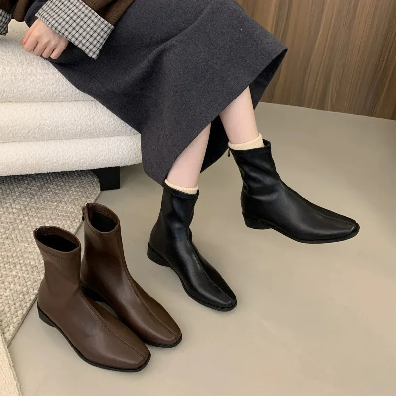 2026 Woman Autumn Ankle Boots for Women Chunky Heel Zipper Ladies Leather Shoes Soild Color Square Toe Short Botas Femininas