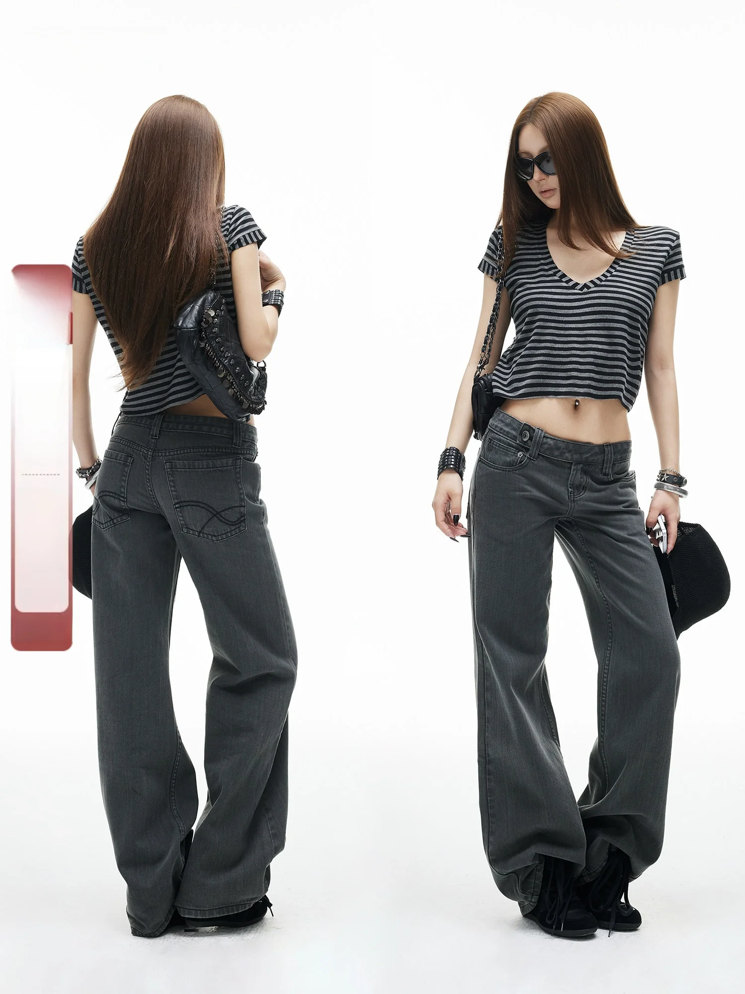 

Low Waist Cotton Denim Straight Leg Pants Classic Versatileiamxiaa Casual Washed Grey Buckle Side Pocket Detail Jeans