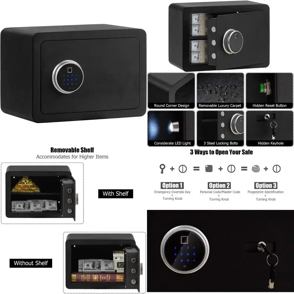 صندوق أمان للوصول إلى بصمات الأصابع مع ضوء LED - أمان المنزل والمكتب لتخزين النقود والمجوهرات والأسلحة النارية والأشياء الثمينة، بطبقتين
