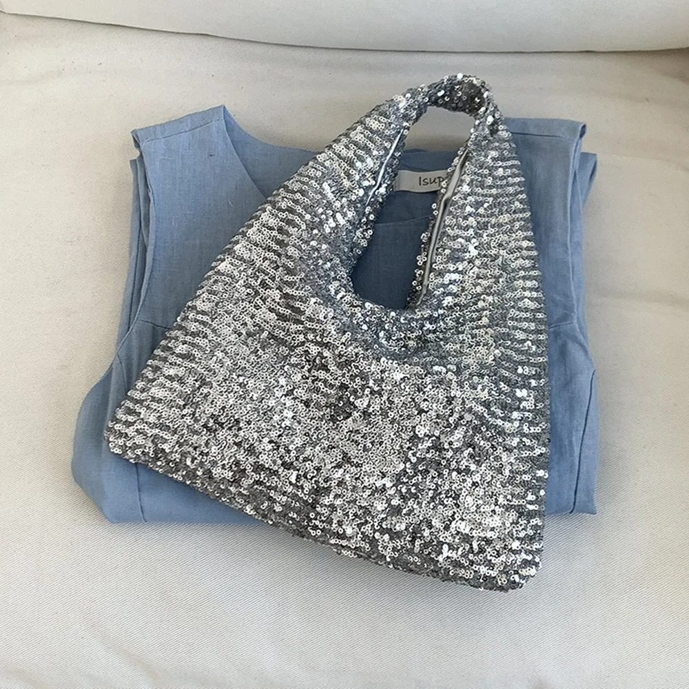 

Simple Evening Bag Sequin Bag Purse Shiny Blingbling Handbag Mobile Phone Bag Tote Silver Shoulder Bag Outdoor