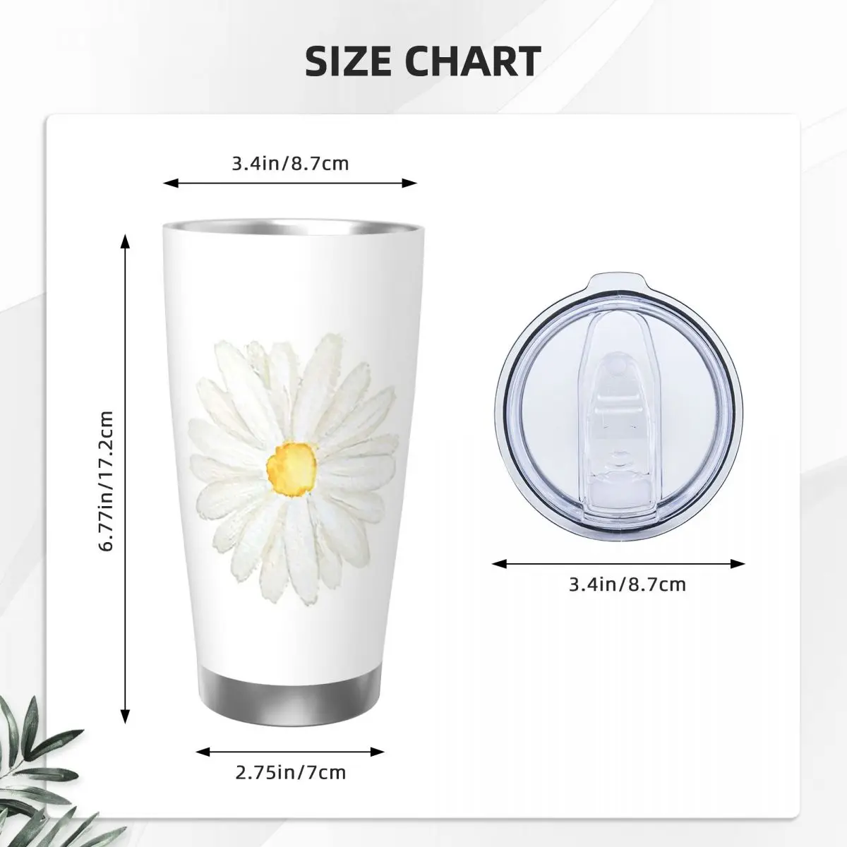 Hand Painted One Little White Daisy Watercolor Stainless Steel Tumbler Vacuum Insulated Mugs Thermal Cold Bottle Straw 20oz