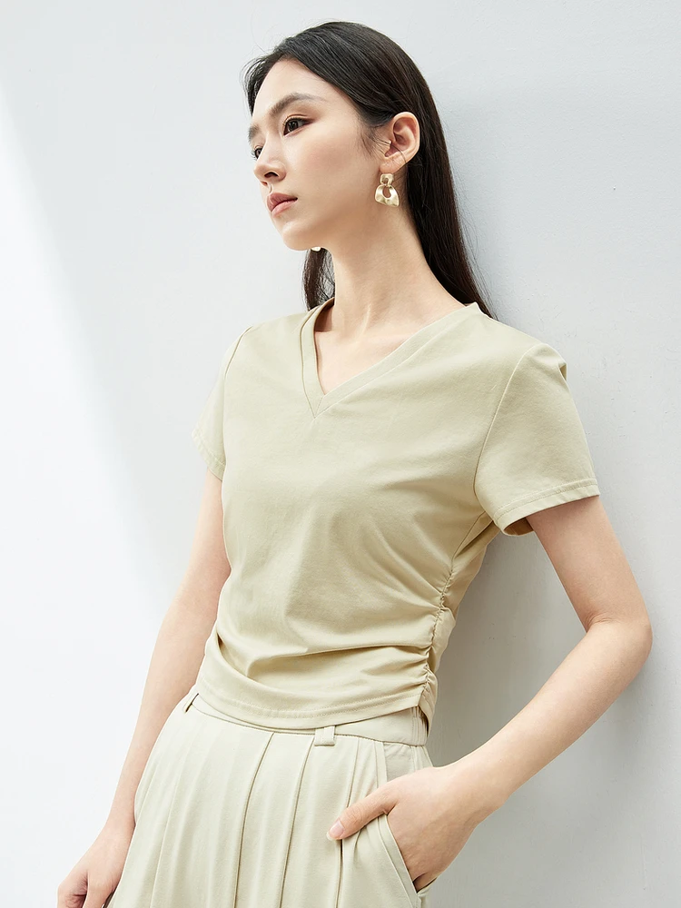 SENTUBILA V-neck Cotton Light Khaki Cropped Women's T-shirt 2024 Summer New Slim Casual Short Sleeve Tops Pullovers 142T54060