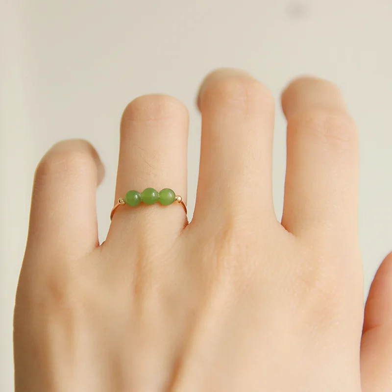 New Fashion Hetian Jade Silver Gold Color Copper Simple 3 Beads Open Finger Ring Adjustable For Women Girl Jewelry Gift Dropship