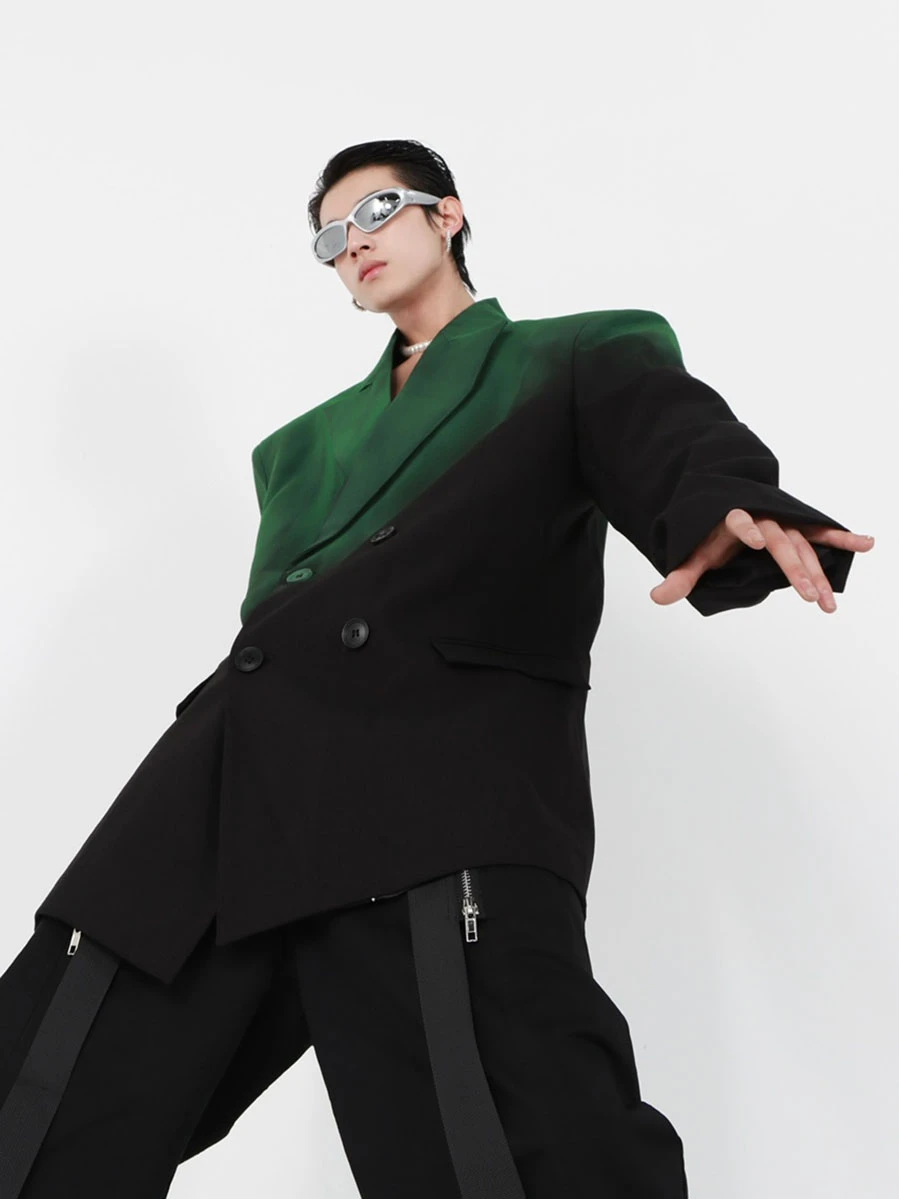 High Street Blazers Men's Black Green Gradient Shoulder Padded Silhouette Suit Jacket Loose and High-end Unisex Suit