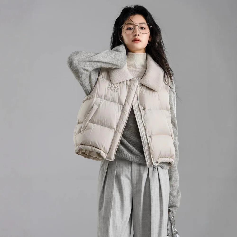 Down Coats Solid Women Zipper Down Jacket Outerwear Turn Down Collar Covered Button Spliced Sleeveless Cardigan Loose Casual