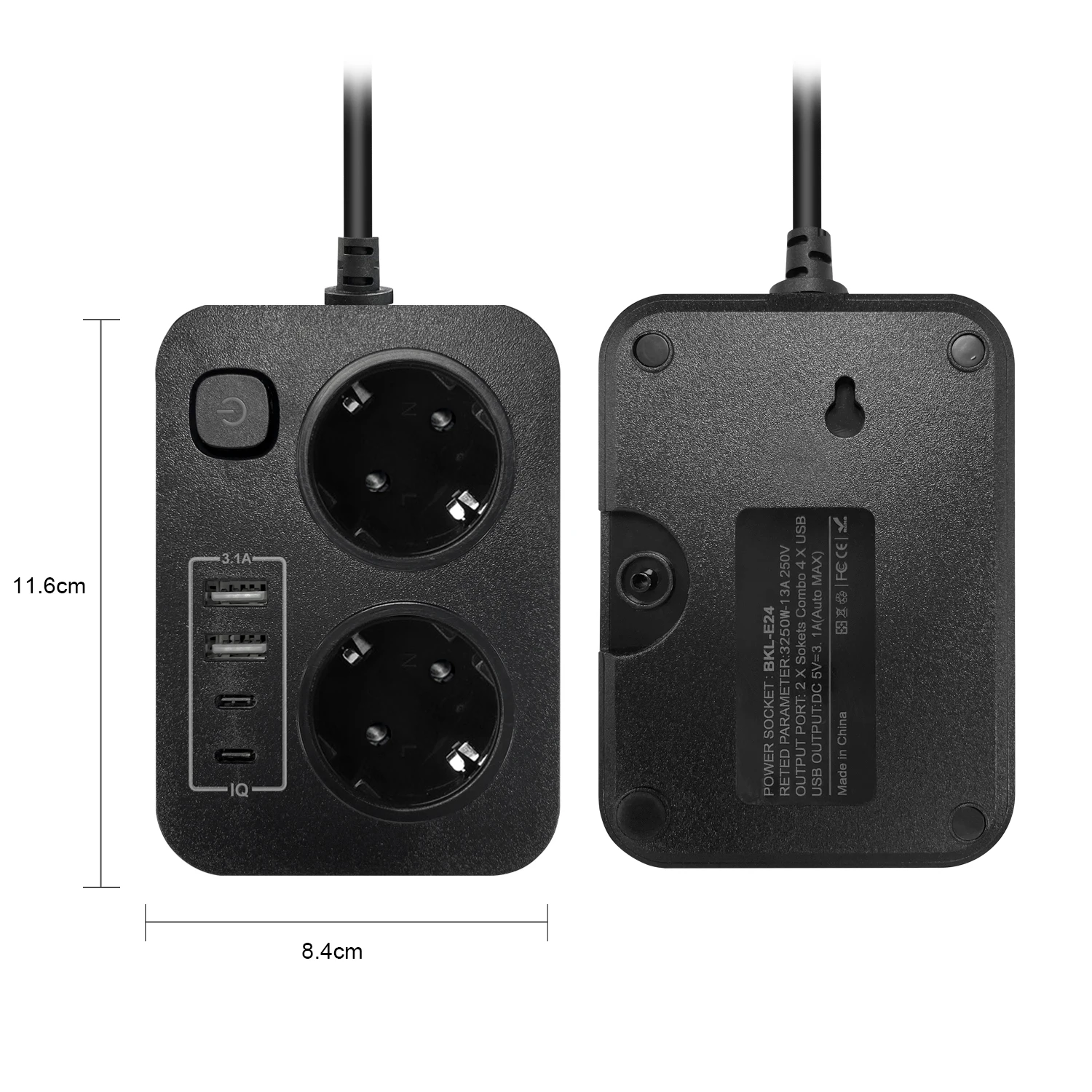 2 hole Eu plug power strip with 2 USB and 2 Type-C，2m extension power cord desk socket used for travel