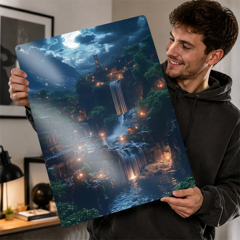 Fantasy Waterfall Village Aluminum Poster Personalized Metal Sign Atmospheric Character Style Wall Art Appeals To Story Lovers