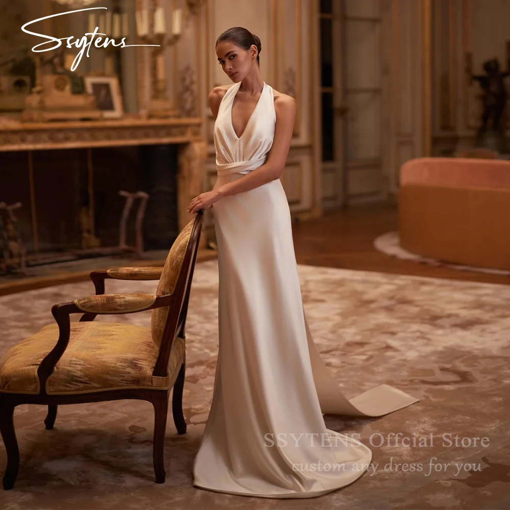 SSYTENS Halter Satin Sleeveless V-neck Wedding Dresses Sexy Mermaid Backless Wedding Gown with Court for Bride Vestidos De Novia