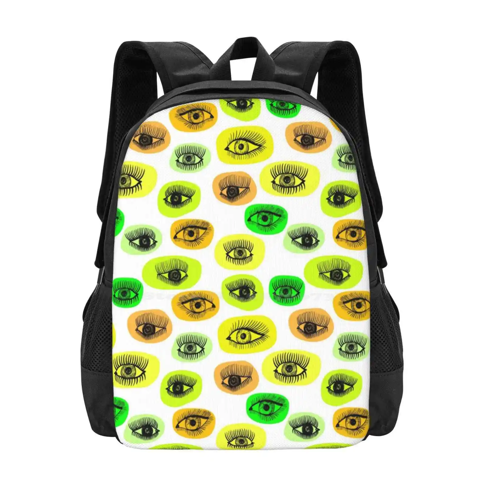 Eyes Motive Teen College Student Backpack Pattern Design Bags Chaotic Wallpaper Green White Ornament Collage Line Yellow Vector