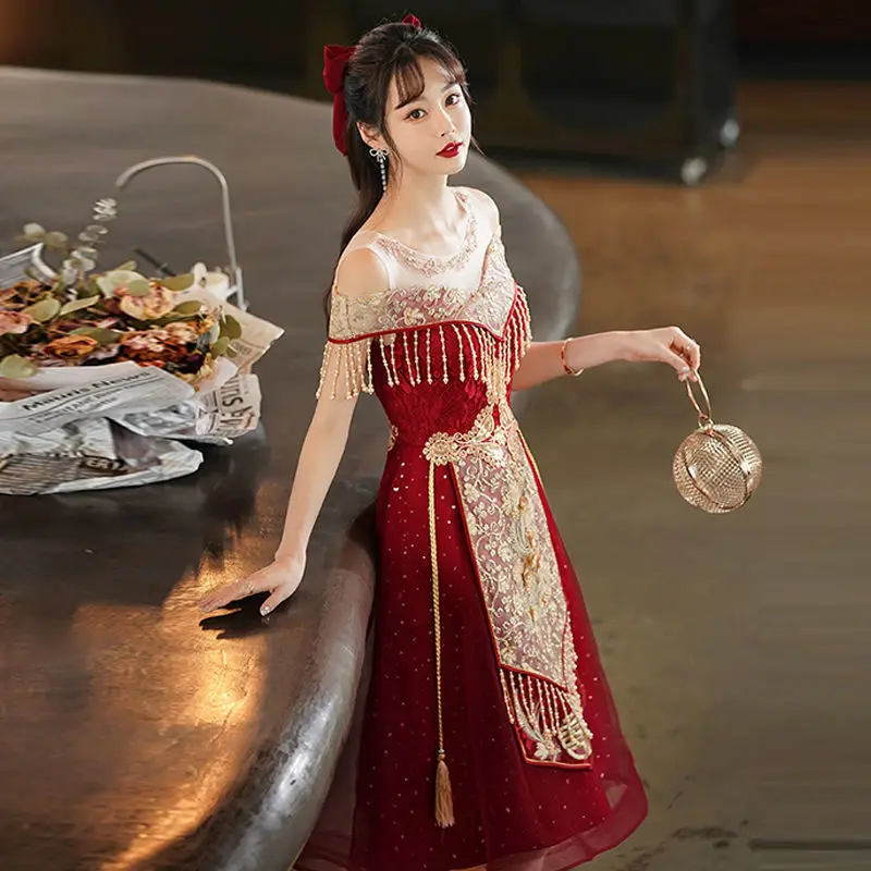 Bridal Dresses 2022 New Autumn and Winter Wine Red Temperament Chinese Wedding Dresses Wedding Engagement Dresses Lady