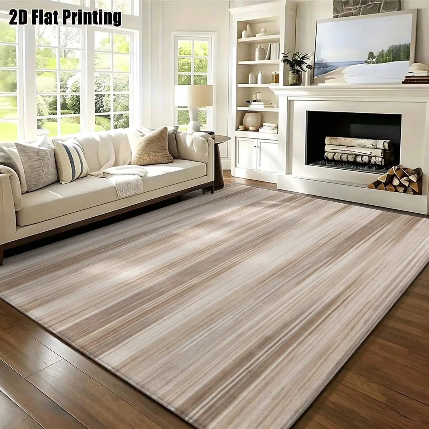 1Pc 2D Printed Beige Striped Nordic Modern Minimalist Geometric Carpet, Home Decor, Multi-Size, Machine Washable, for Entrance, Dining, Foyer, Bedroom, Living Room