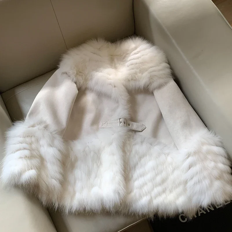 Jaqueta Real Fox Fur extragrande feminina, casaco de camurça, streetwear quente, gola, elegante, lady