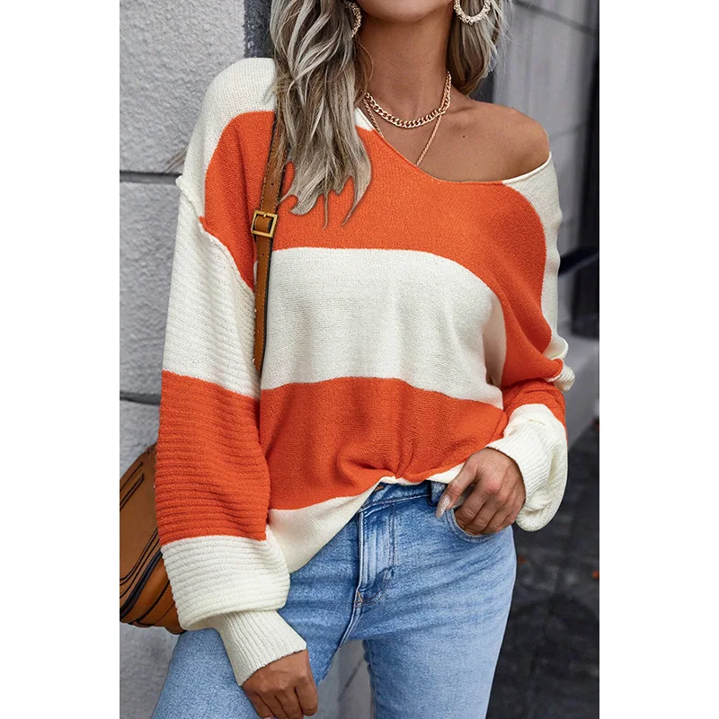 

New Striped Color Blocked V-neck Sweater for Women Versatile for Commuting Off Shoulder Knitted Long Sleeved Top for Women