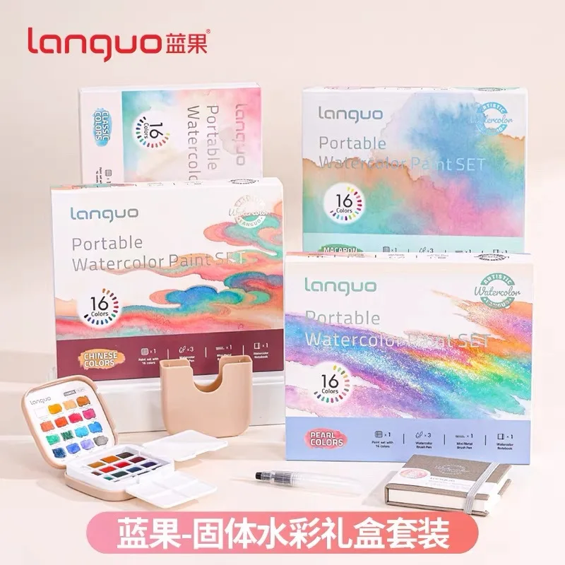 16 Color Solid Watercolor Gift Set with Watercolor Notebook, Water Brush Pens and Mini Brush, Portable Art Kit for Students