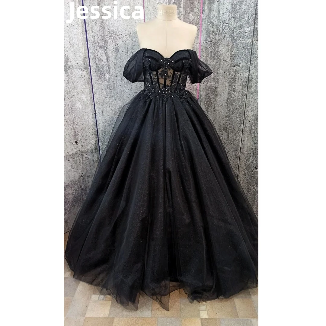 

Jessica Shiny Tulle Prom Dresses Sweet Lace Black Embroider Evening Dress Strapless Princess Party Dresses 2024فساتين السهرة