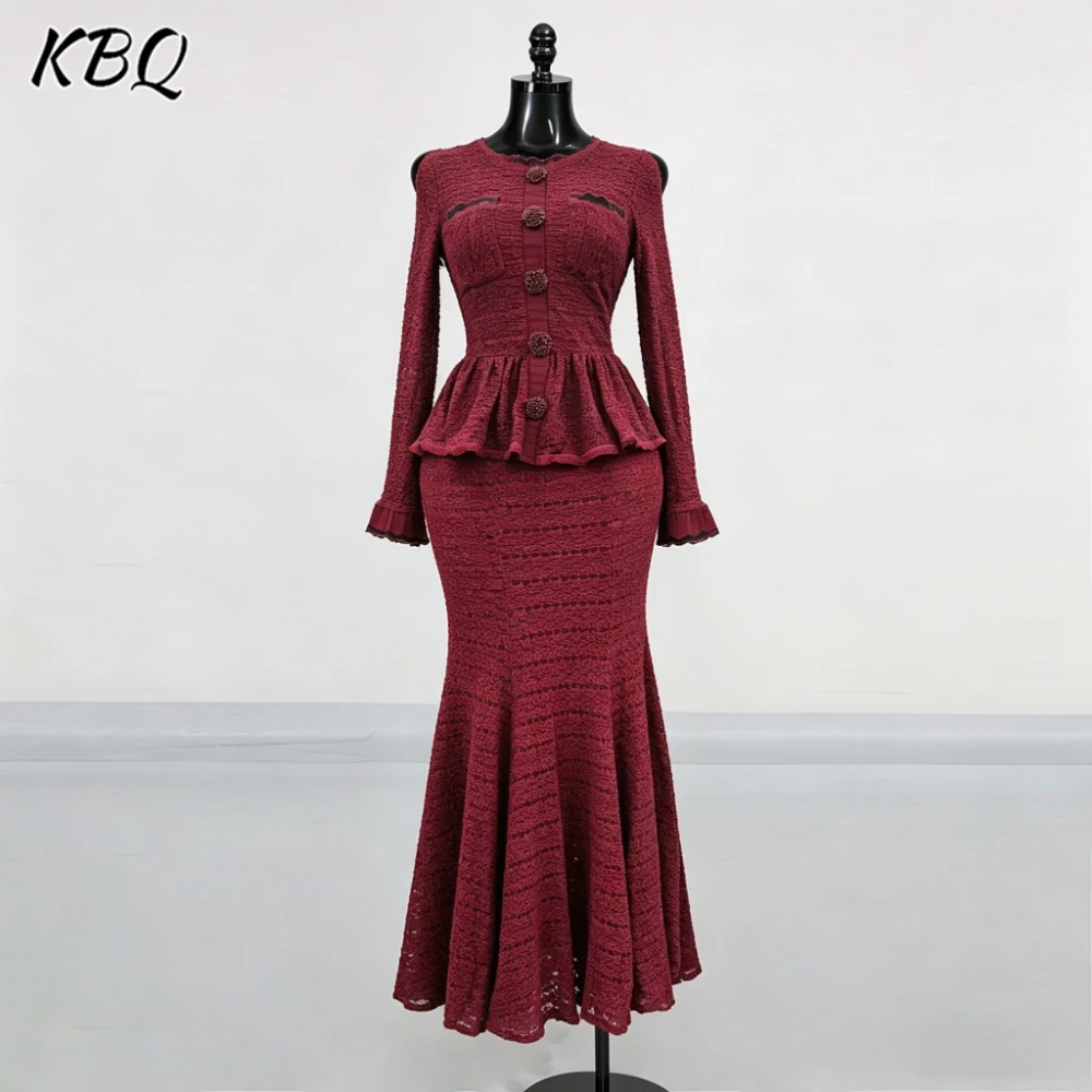 

KBQ Solid Loose Spliced Buttons Chic Dresses for Women O Neck Long Sleeve Vintage Elegant Dress Female Summer Fashion Style New