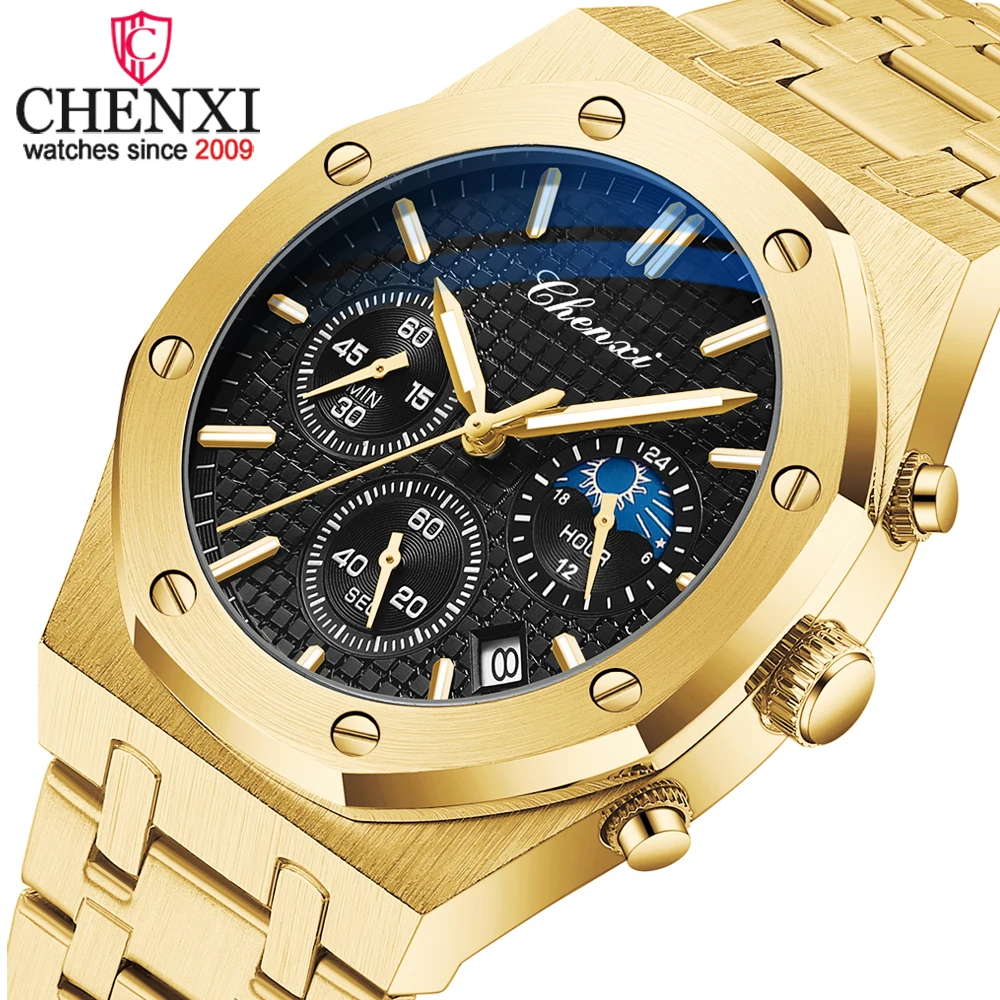 CHENXI 2023 New Golden Watch for Men Luxury Brand Chronograph Stainless Steel Sport Wristwatch Men Luminous Waterproof Watches