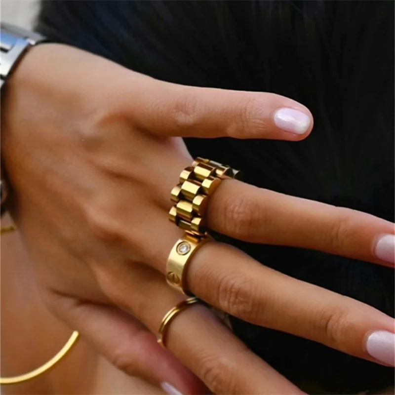 1 Pcs Gold Pvd Plated Bold Wide Thick Ring for Women Chunky Link Chain Stainless Steel Strap Finger Rings Jewelry