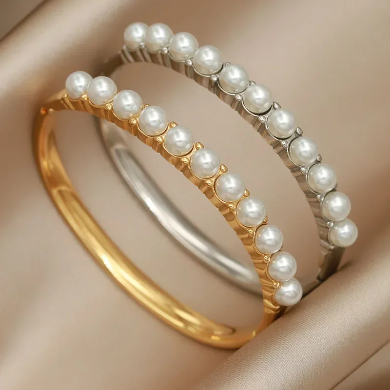 

Stainless Steel Metal Pearl Beads Bangles&bracelets for Women Fashion Brand Jewelry Elegant Bangles