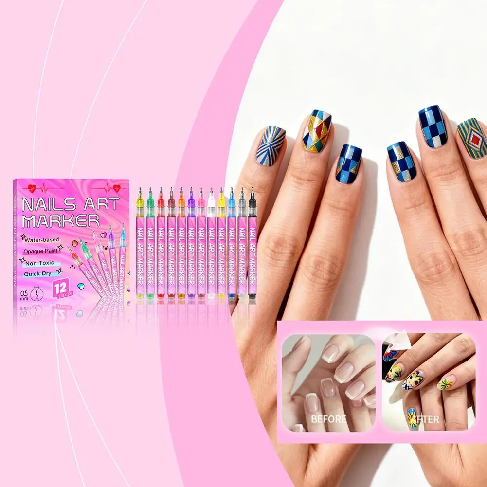 12 Colors Nail Art Graffitis Painting Pen 3D Precision-Micro-Liner Pens Designs Press-On Nail Art Drawing Nails Nail DIY J3X2