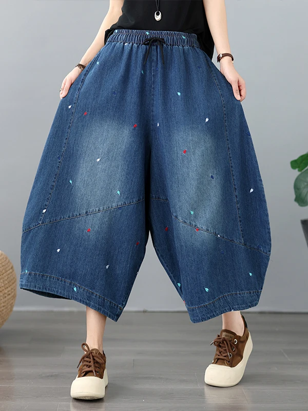 Heavyweight Embroidered Washed Jeans plus Size Women's Elastic Waist Loose Slimming Casual Versatile Lantern Pants