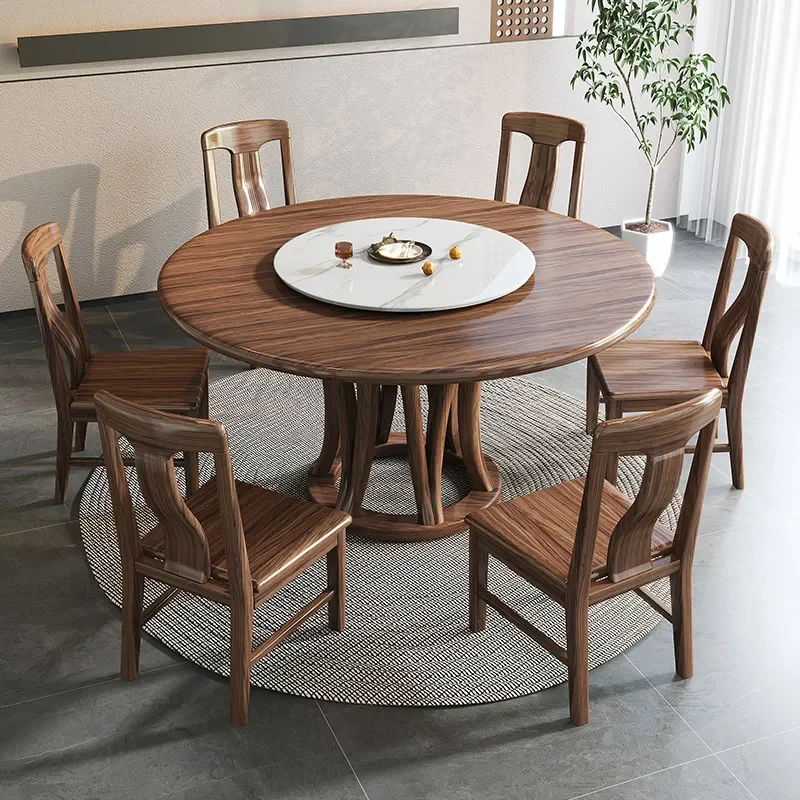 for Solid Wood Dining Household Ebony Modern Simple Eating with Turntable Large Round Table
