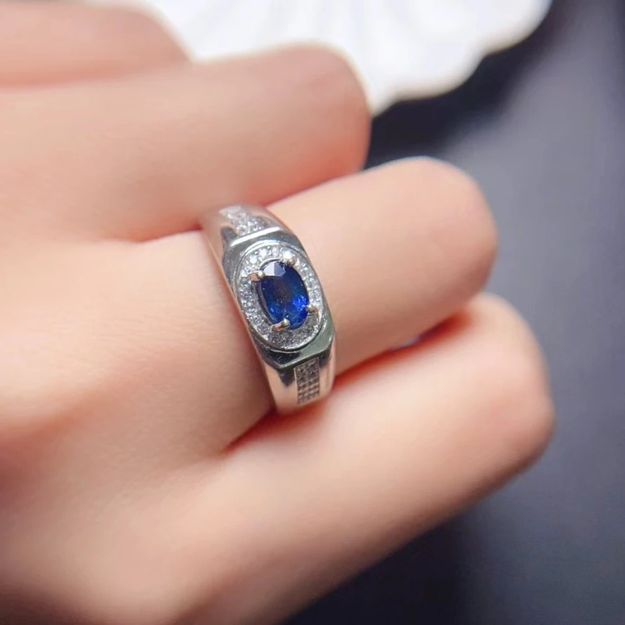 Classic Sapphire Men Ring 5mm*7mm 0.7ct Natural Sapphire Jewelry for Men 18K Gold Plated Band Ring - view 2