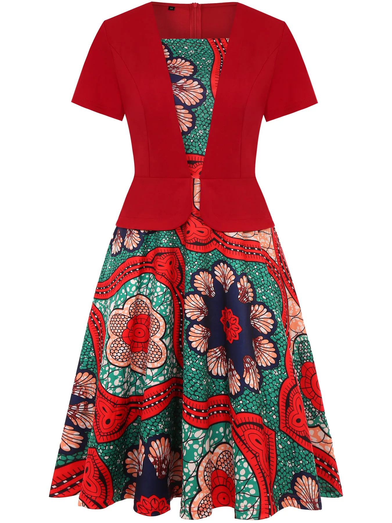 Womens Short Sleeve Square Neck Floral Colorblock Rockabilly Fit And Flare Skater Swing A-Line Dress With Belted