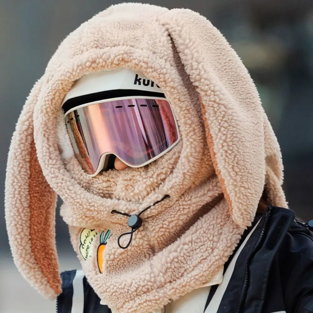 

Шапка-балаклава с ушками кролика, флисовая, ветрозащитная, на шнурке, с защитой ушей, однотонная, для улицы