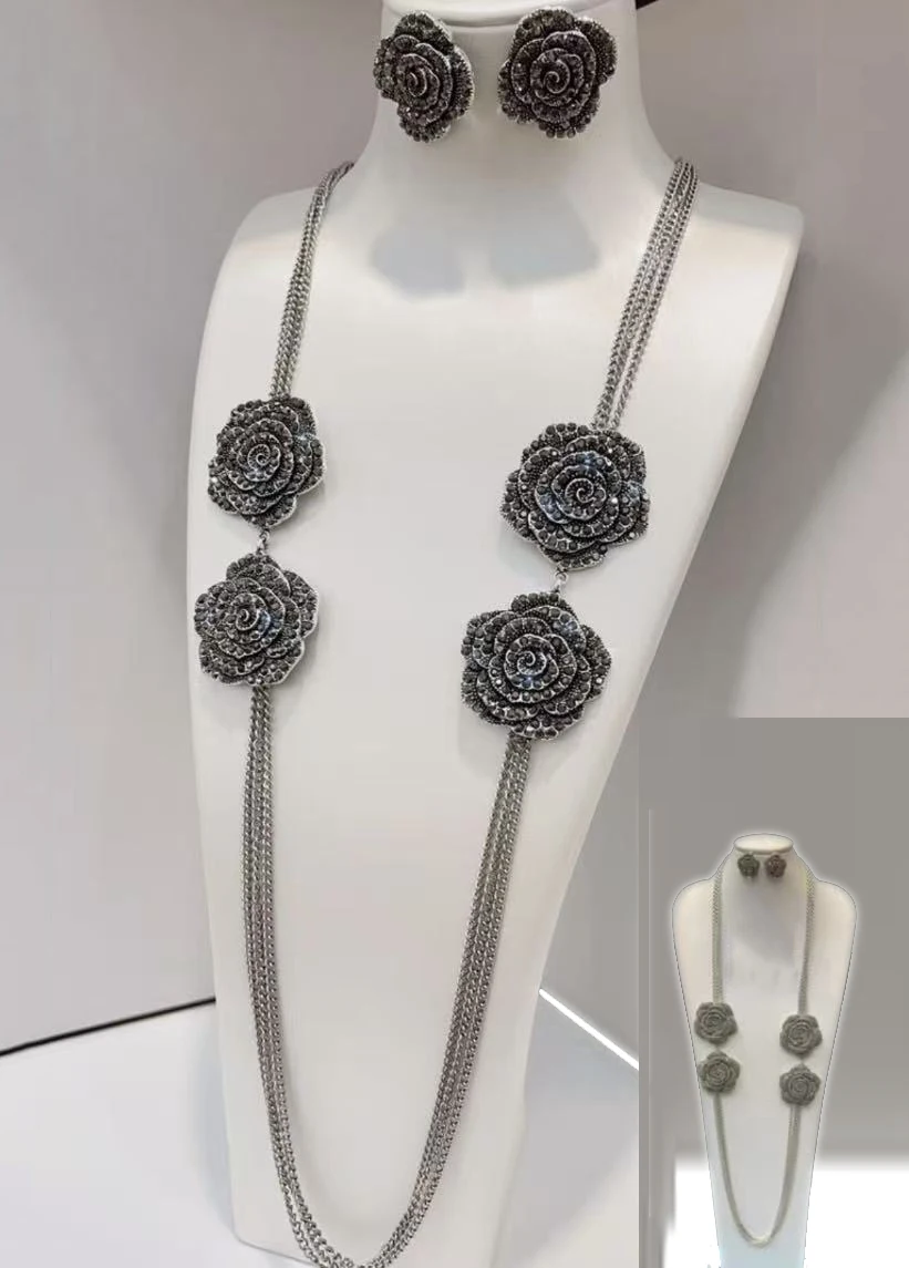 Ethnic Retro Hollow Filigree Long Chain Jewelry Set Moroccan Ladies Statement Necklace Earrings Dark‑Tone Metal Wedding Banquet