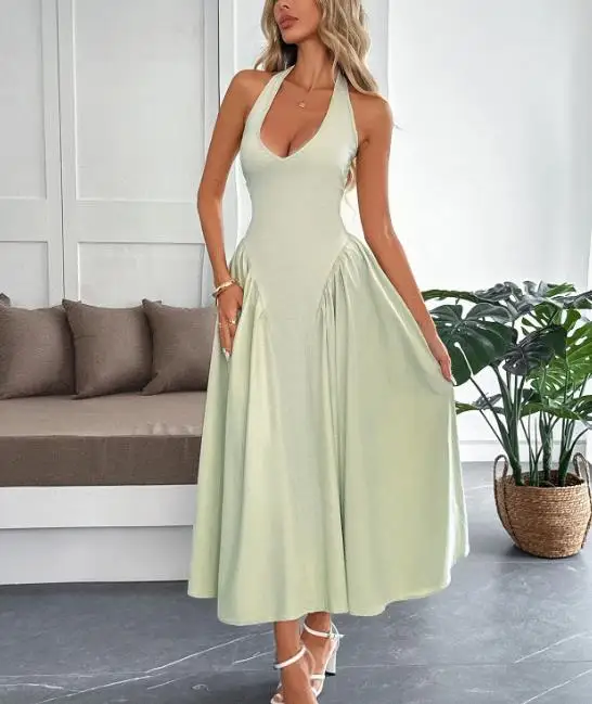 

Tailored Women's Dress with Elegant and Sexy French Style In Summer V-Neck Cinched Waist Exposed Back and Hanging Neck Dress