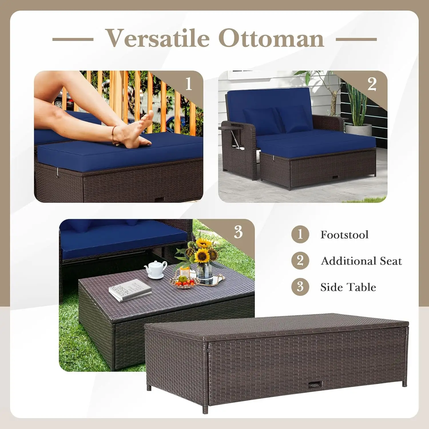 Pátio Rattan Daybed com almofadas, sofá Loveseat de vime, armazenamento Otomano, 4 níveis de encosto ajustável, cama ao ar livre espreguiçadeira