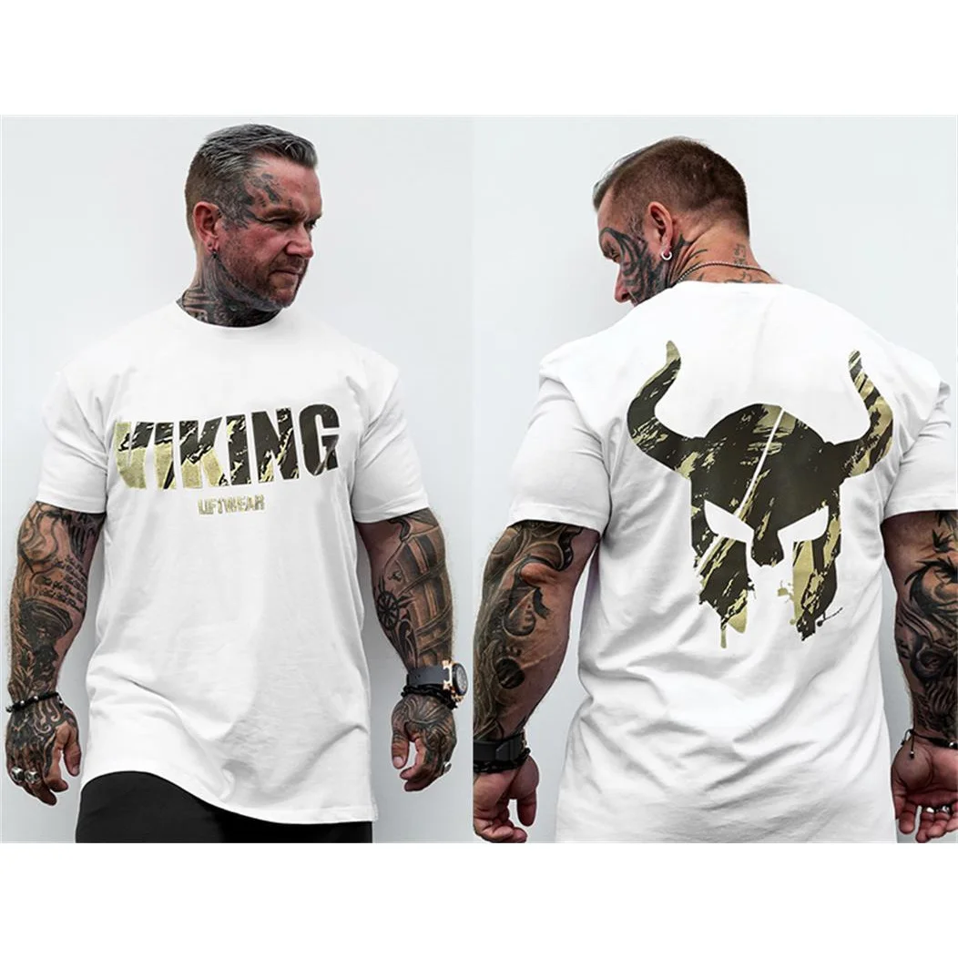 2026 GYM American Muscle Fitness Short Sleeve Men's Printed T-shirt Round Neck Loose Large Size Trend Slim Brother Short Sleeve