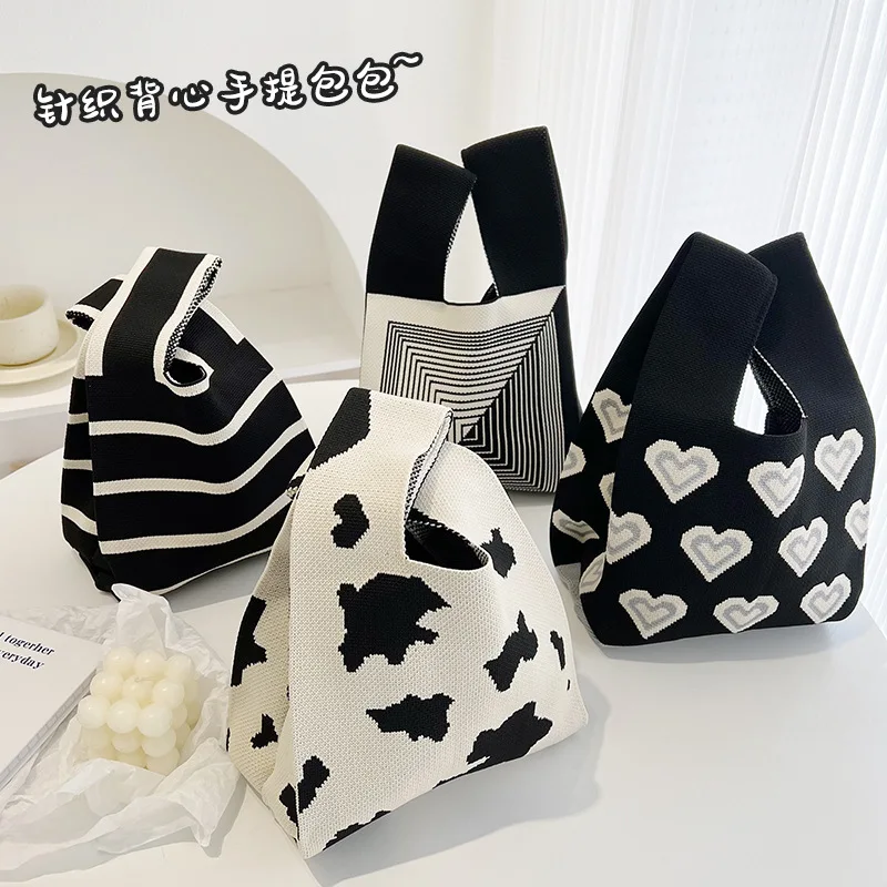 Leisure Vest Bag Knitted Checkerboard Contrast Colo Clutch Bag Black White Weave Portable Mini Travel Shopping Handbag