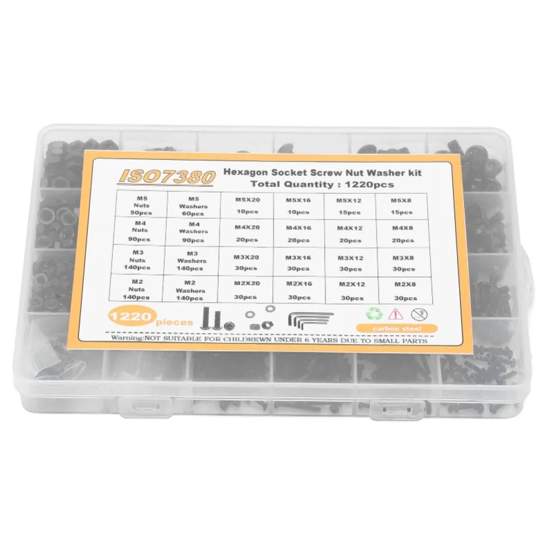 1220 Pcs Screw Nut Washer Kit Carbon Steel M2 M3 M4 M5 Half Round Head Hex Socket Screws Nuts Washers Set