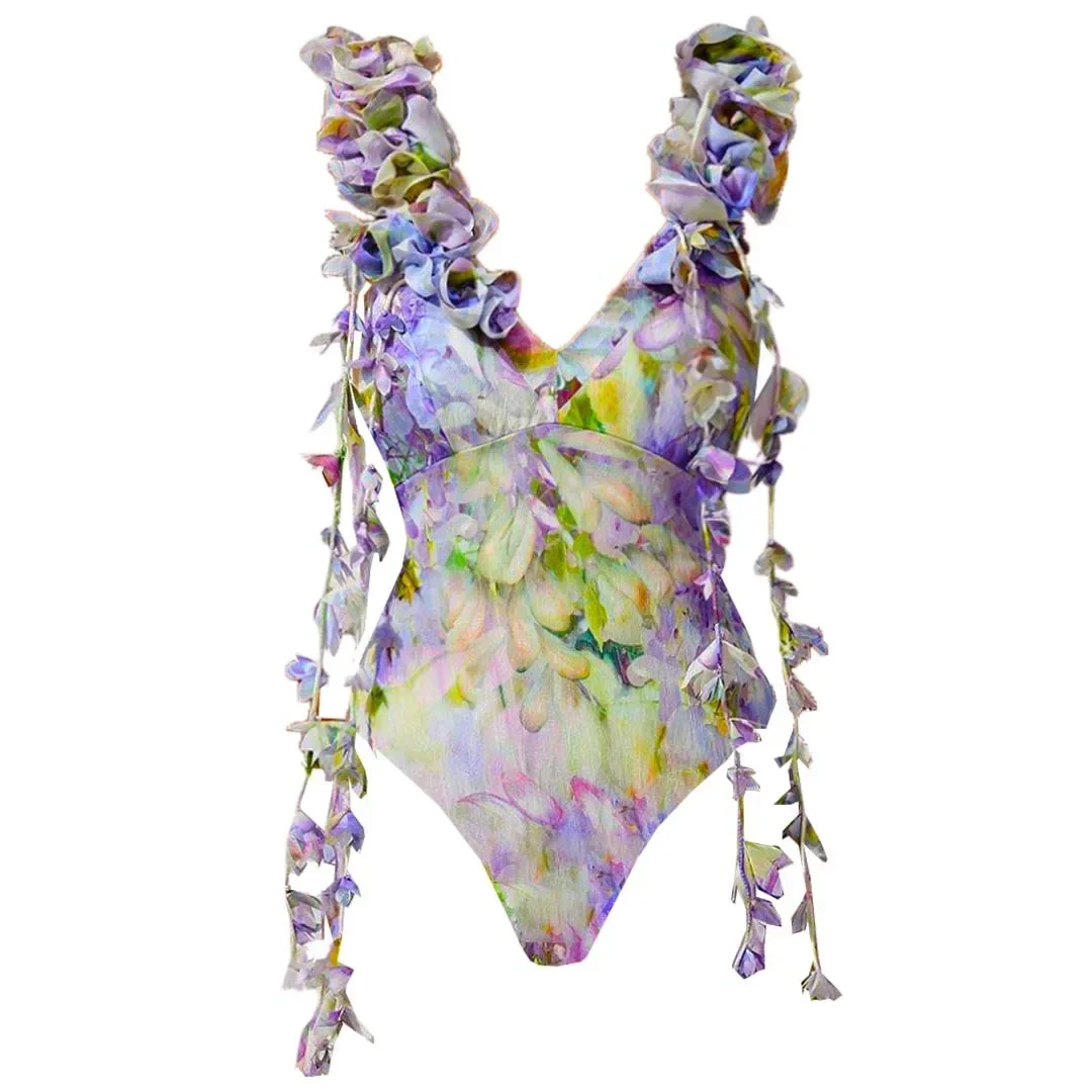 2025 Flower Ruffle Swimsuit With Cover Up Luxury Woman Swimsuit Swimwear V Neck Swim Suit Bikini Sliming Bodysuit Beachwear image 2