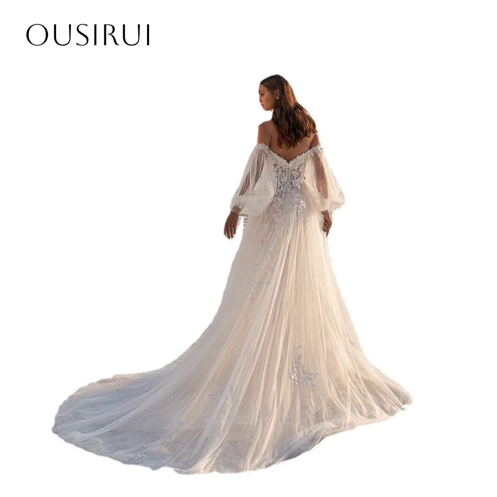 Kant off-shoulder A-lijn bruidsjurk voor bruiloftsfeest Gezwollen lange mouwen Tule Sweep Train Aangepaste vestidos de novia