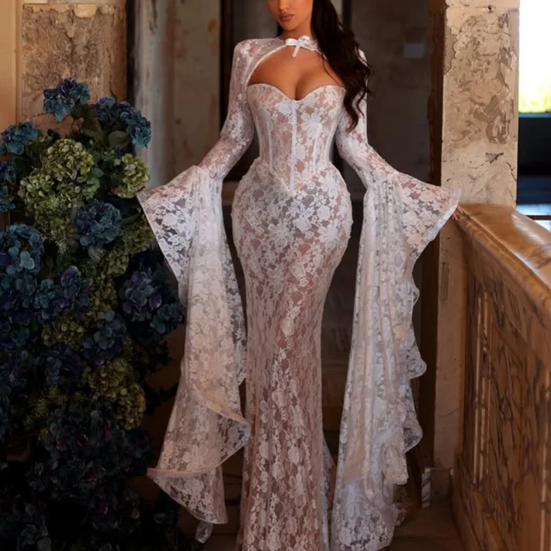 

White Appliques Wedding Dresses of off-shoulder fishtail Lace sexy decal Long tail Bridal Gowns Made Customized