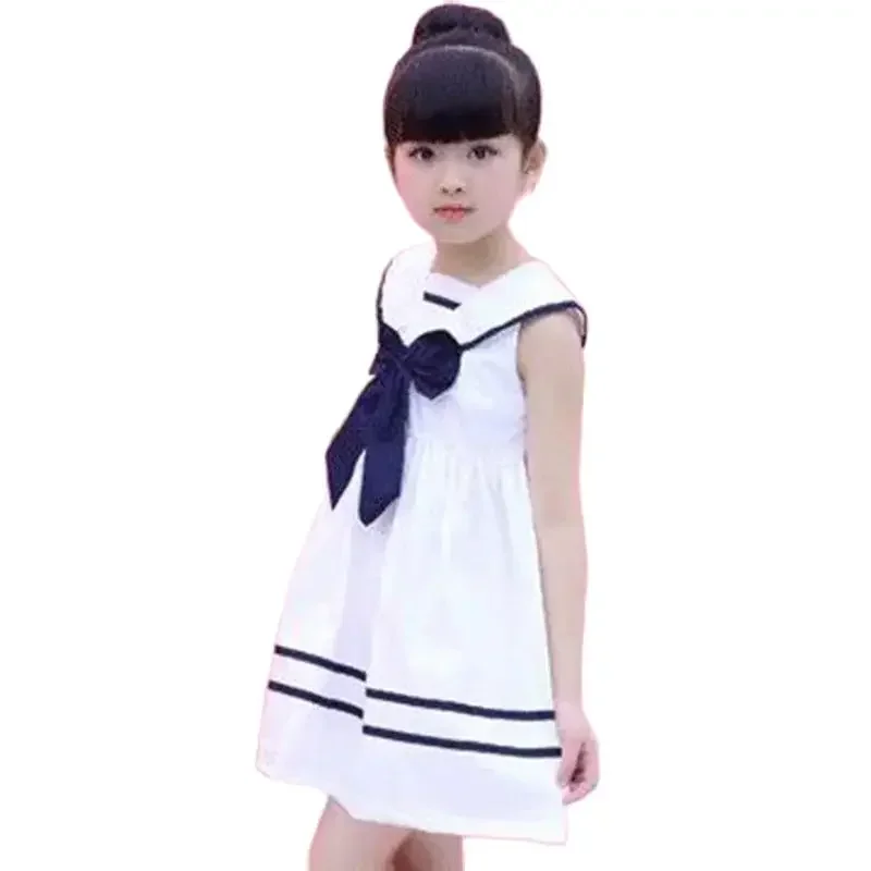 Girls Dress Summer Cute Bowknot Sailor Collar Sleeveless Dresses for Baby Girl 3 4 5 6 7 8 10 Years Kids Princess Party Clothes