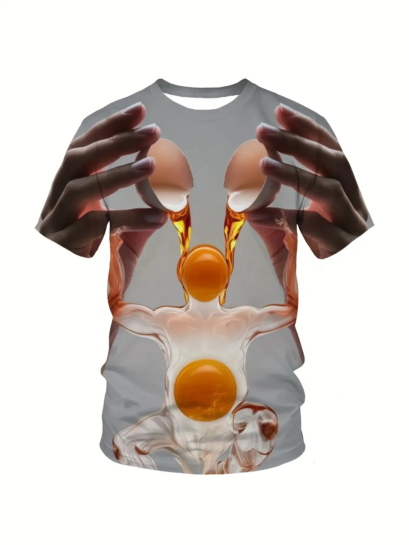 Men Short Sleeve Crew Neck T‑Shirt Surreal Egg Human Figure Hands 3D Optical‑Illusion Art Street Casual Tops